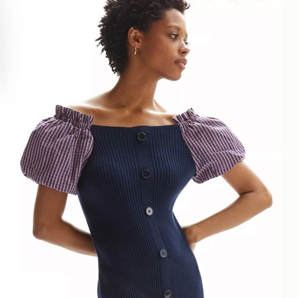NEW Maeve By Anthropologie Navy Blue Rib Knit Short Puff Sleeves Sweater Dress M - Picture 4 of 13